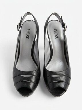 NEXT -  Black Leather Open-Toe Slingback Platform Heels – Size 9M